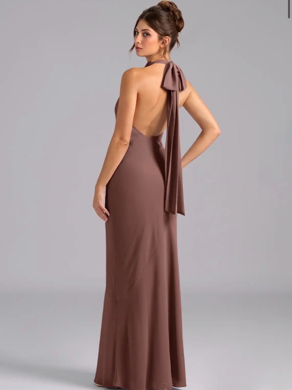 Azazie Chiffon Sleeveless High-Neck Maxi Dress in Espresso - Picture 3 of 5